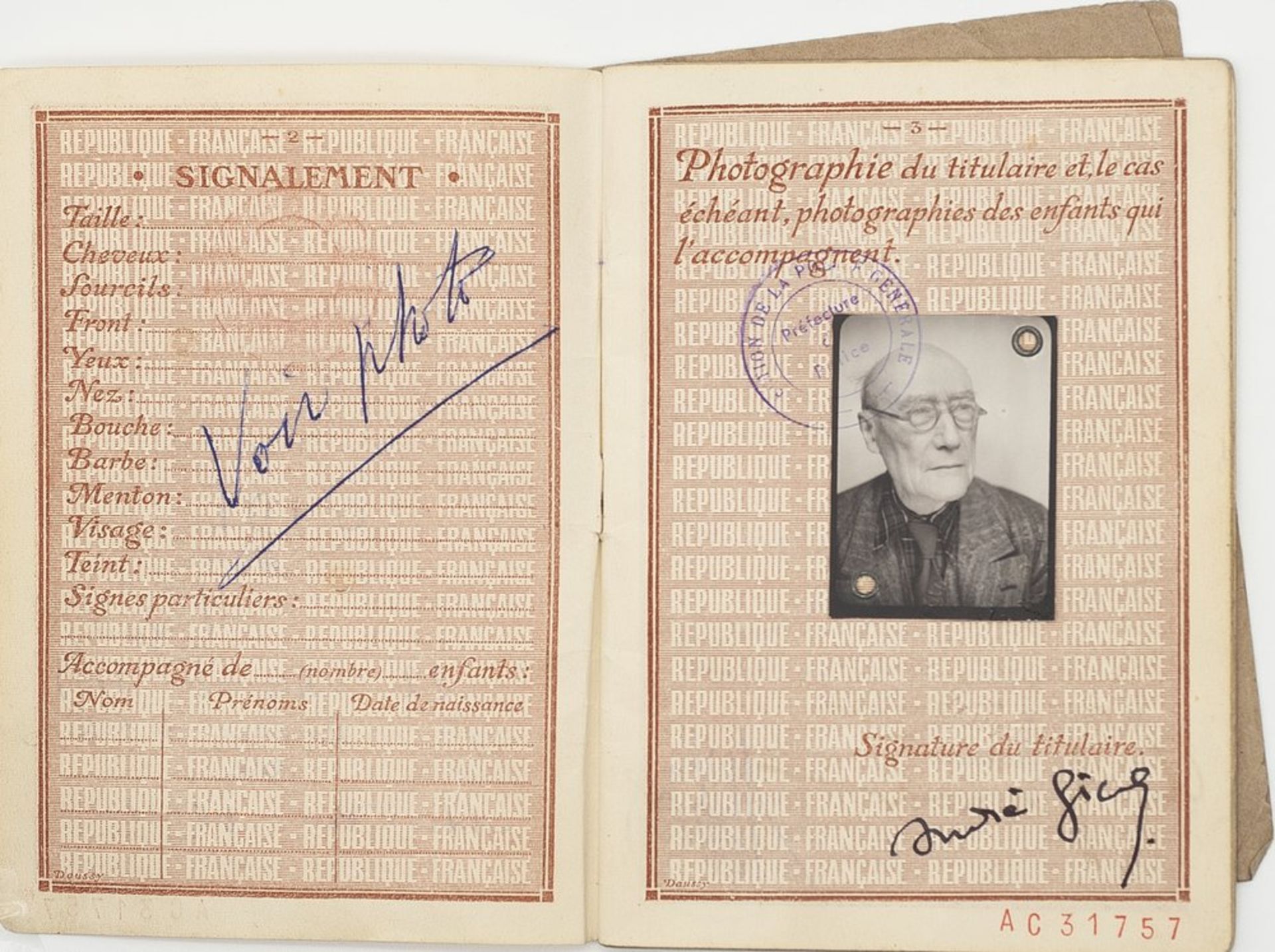 GIDE (ANDRÉ). 1869-1951. Passport signed with photographic portrait and 3 pieces [...]