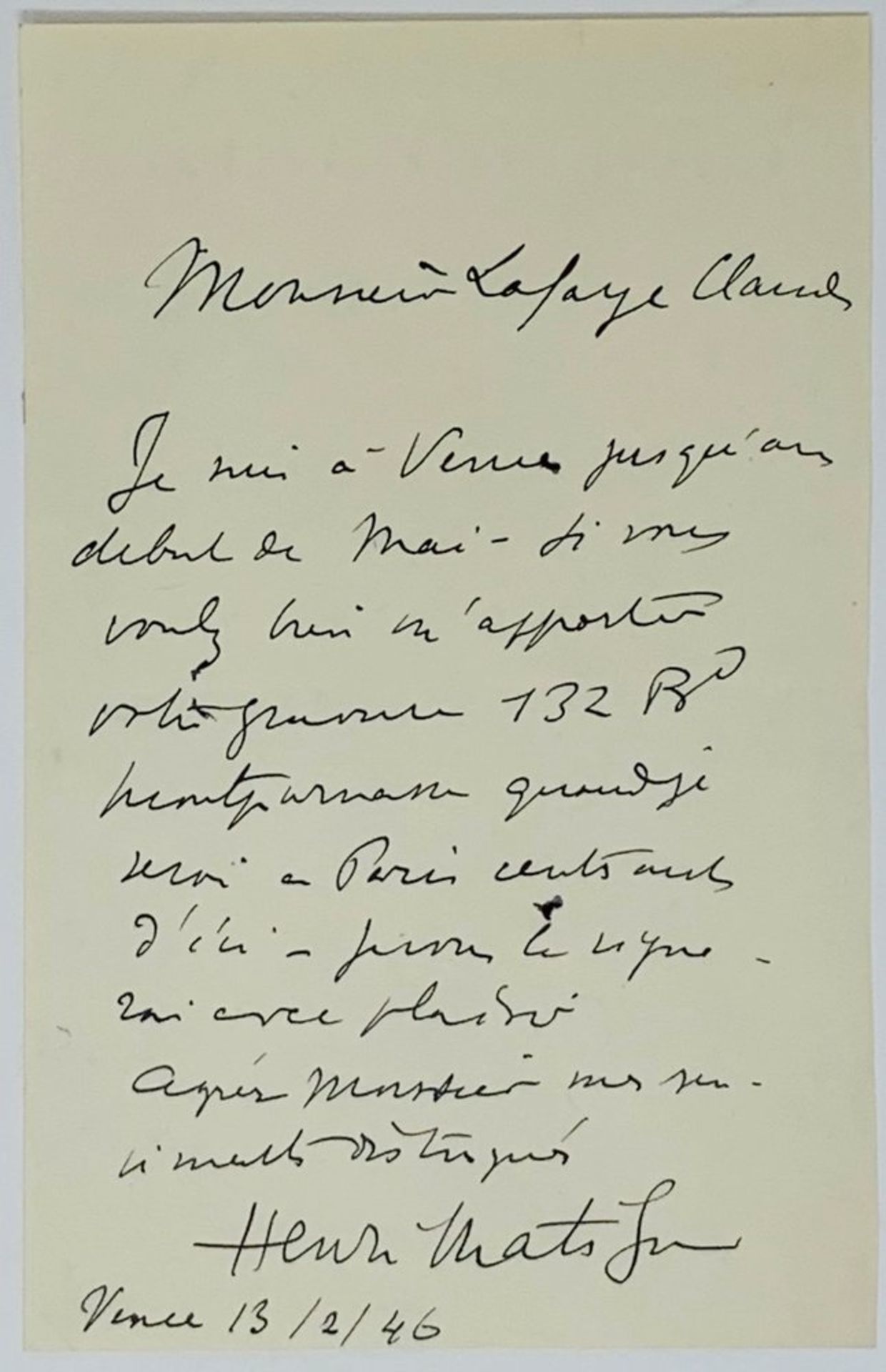 MATISSE (HENRI). 1869-1954. Autograph letter signed “Henri Matisse”. - To a [...]