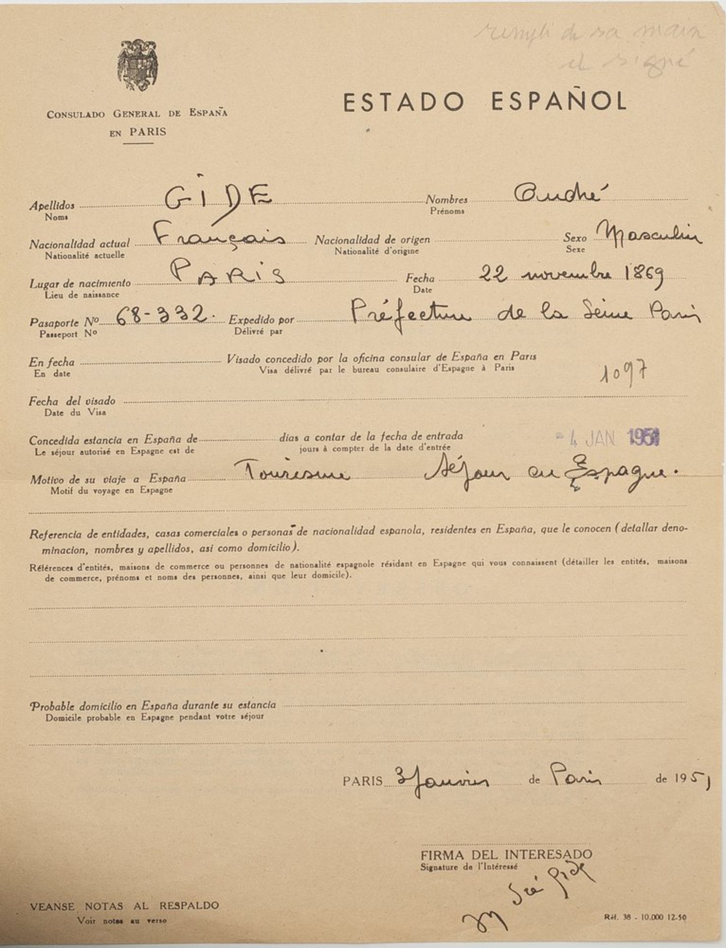 GIDE (ANDRÉ). 1869-1951. Passport signed with photographic portrait and 3 pieces [...] - Bild 4 aus 6