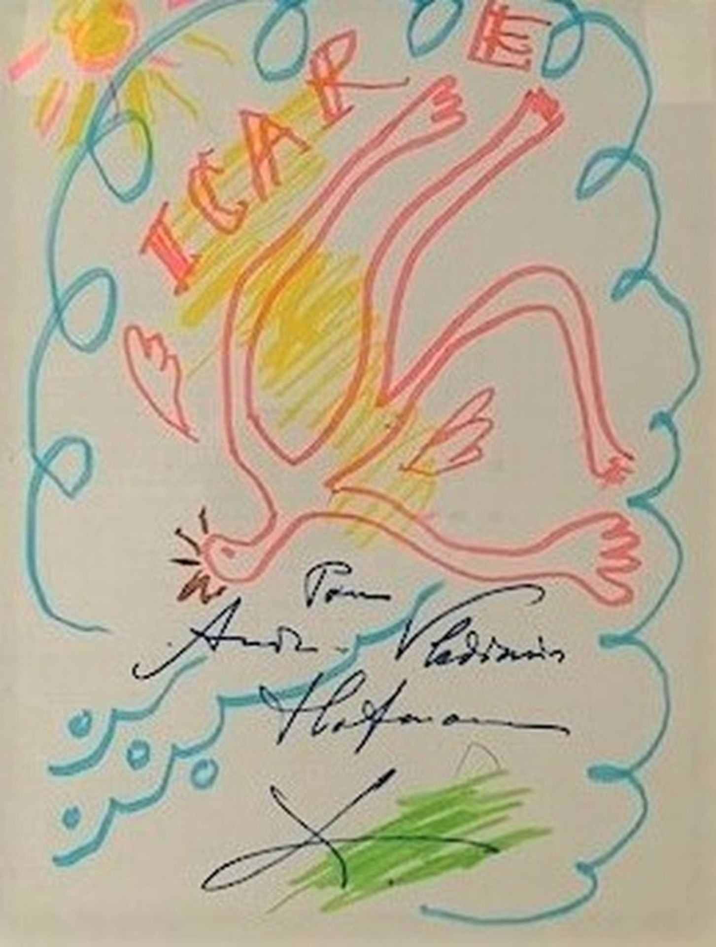 LIFAR SERGE. 1905-1986 Icar. Paper, colored markers. - Signed autograph to «André [...]