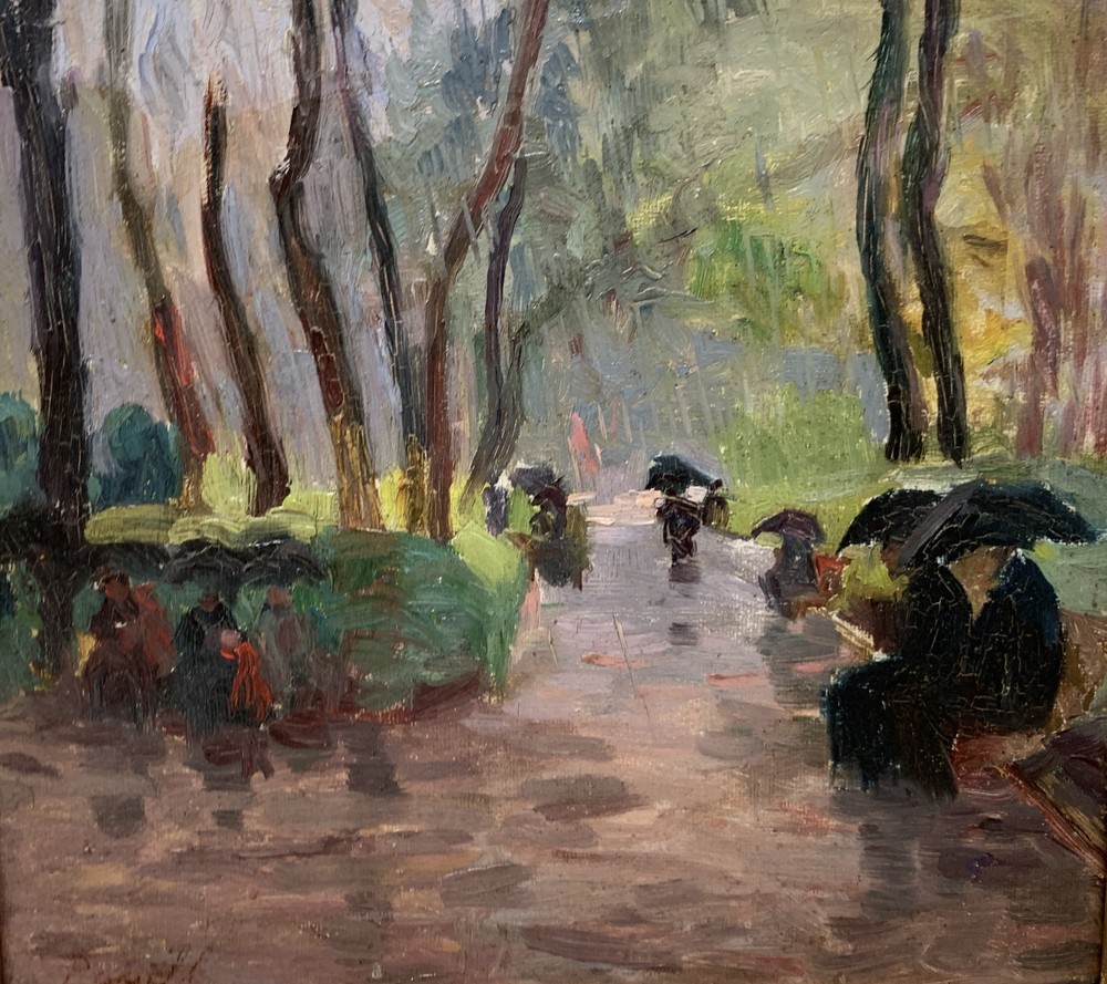 Elie Anatole PAVIL (1873-1948) At the park in the rain - Signed (lower left) Oil [...]