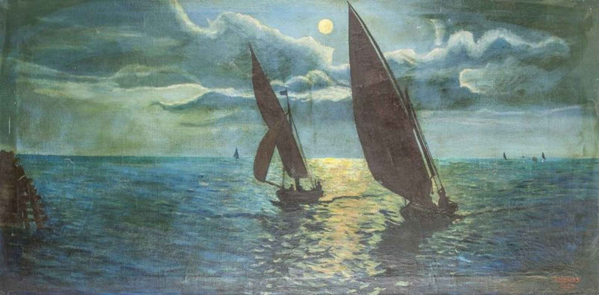 M. HEBRAS Sailing at night - Signed and dated ‘M Hebras 45’ (lower right) Oil [...]