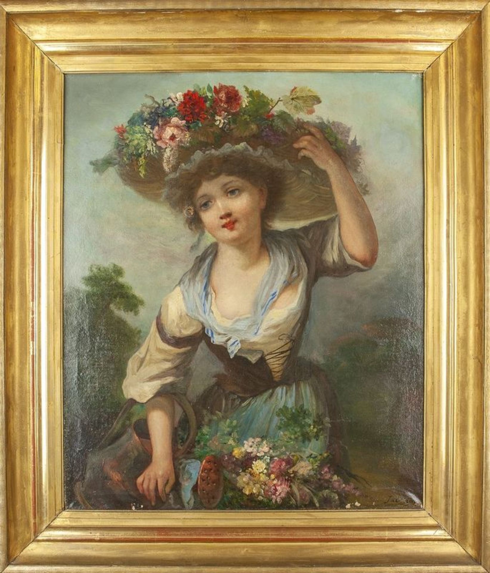 Jackson Young girl with watering can and flower hat - Signed “Jackson” (lower [...] - Bild 2 aus 2