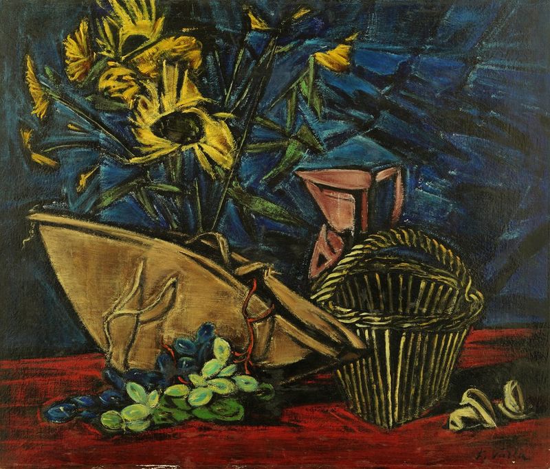 Still life with sunfowers and grapes - Signed (lower right) Oil on canvas 55 x 65 [...]
