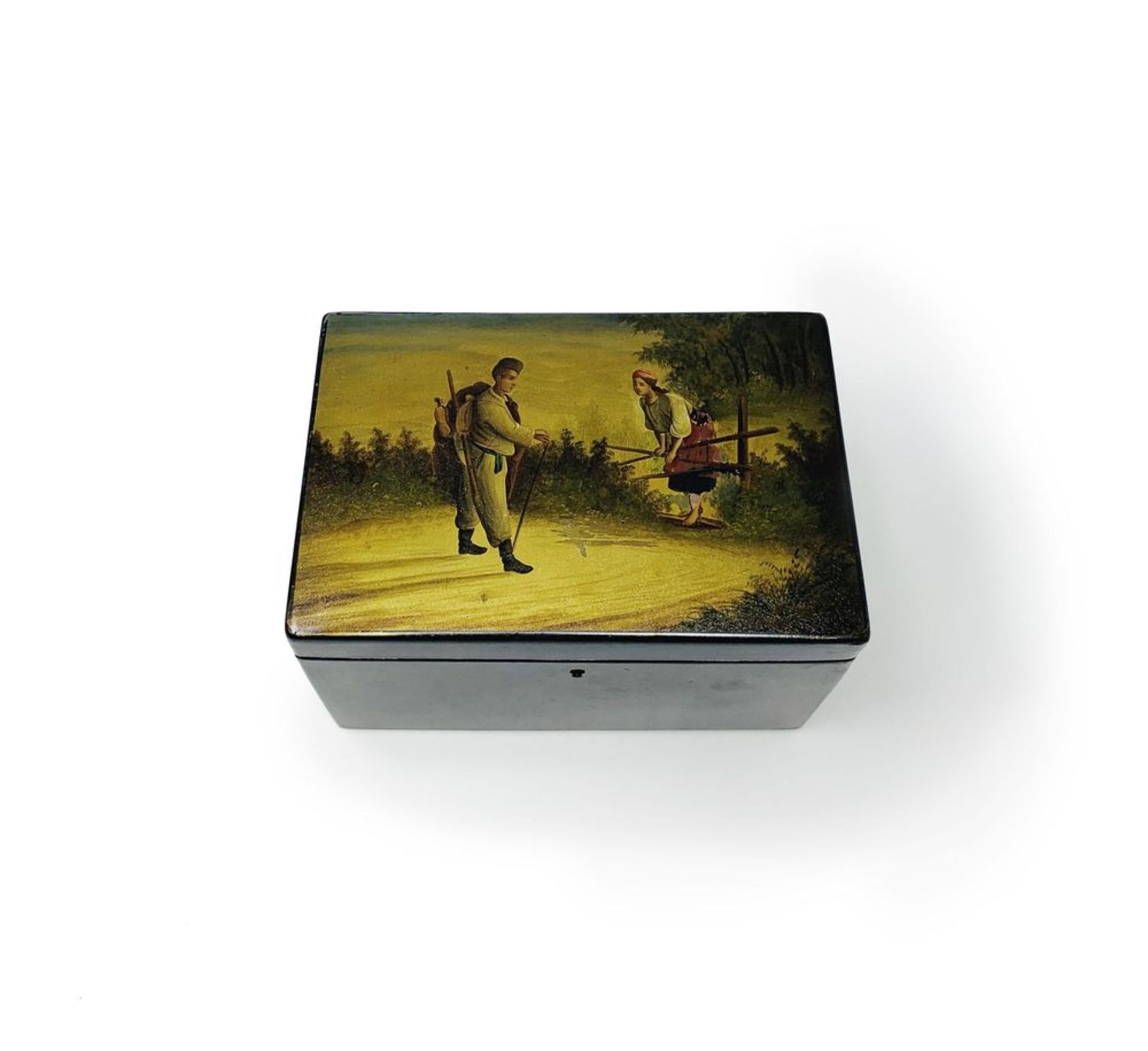 PAPIER-MACHE CASKET «RENDEZVOUS OF THE MOWER», Workshop of lacquer miniatures by V. [...]