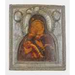 A RUSSIAN ICON «THE VLADIMIR MOTHER OF GOD» IN A SILVER-GILT OKLAD., Veliky [...]
