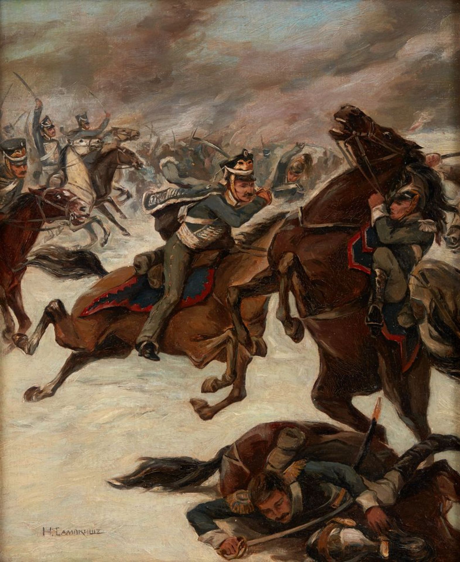 NIKOLAY SAMOKISH (1860-1944), attributed to, Cavalry battle signed in Cyrillic (lower [...]