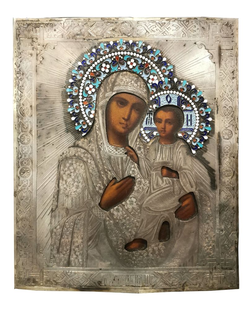 ICON IN A SILVER OKLAD «OUR LADY OF TIKHVIN»., Wood, oil. Size: 27X22 cm. Oklad- [...]