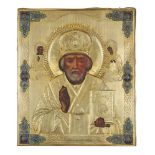 A RUSSIAN ICON «SAINT NICHOLAS» IN A SILVERGILT ENAMELLED OKLAD., A RUSSIAN ICON [...]