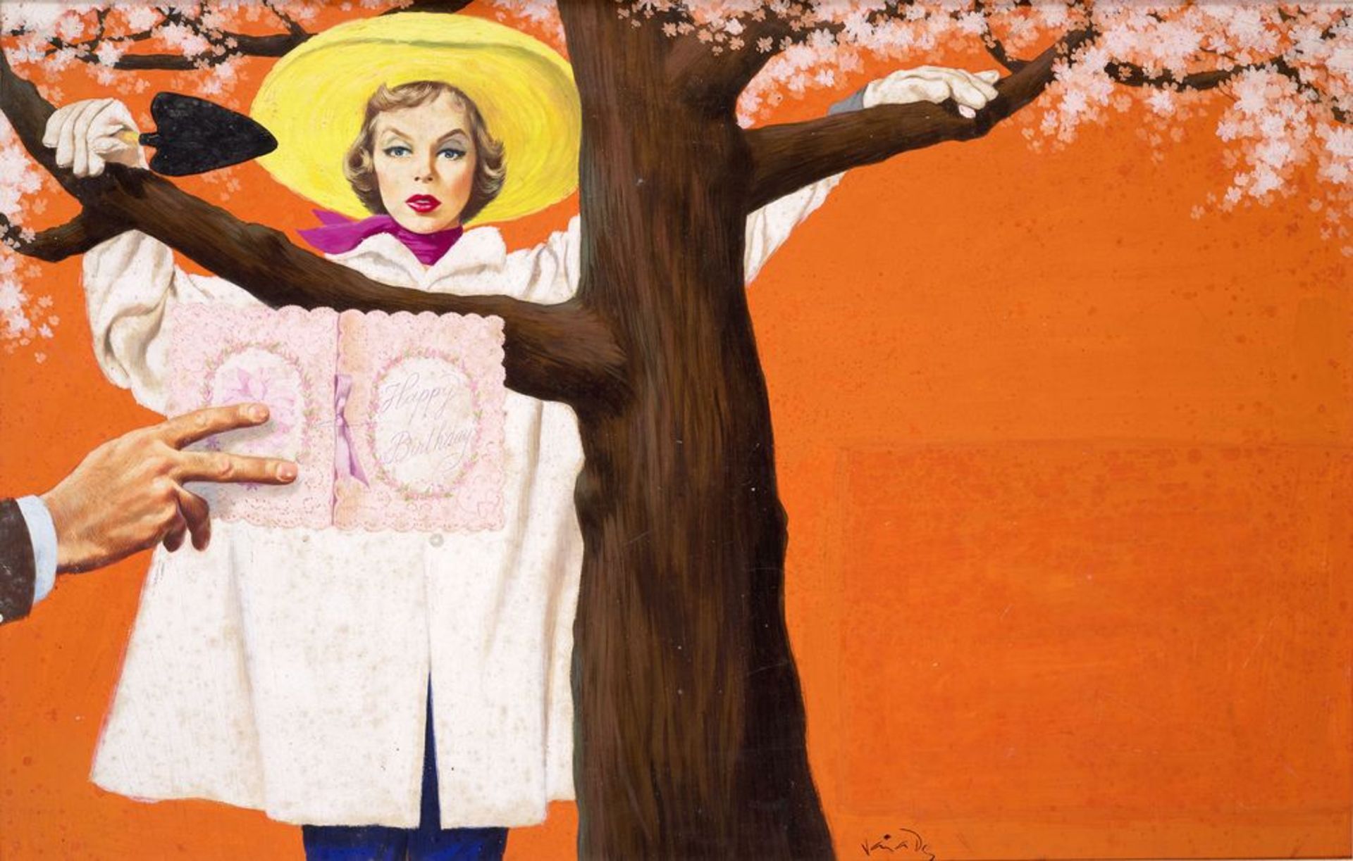 FREDERIC VARADY (1908-2002) - Girl under apple tree with birthday card Gouache on [...]