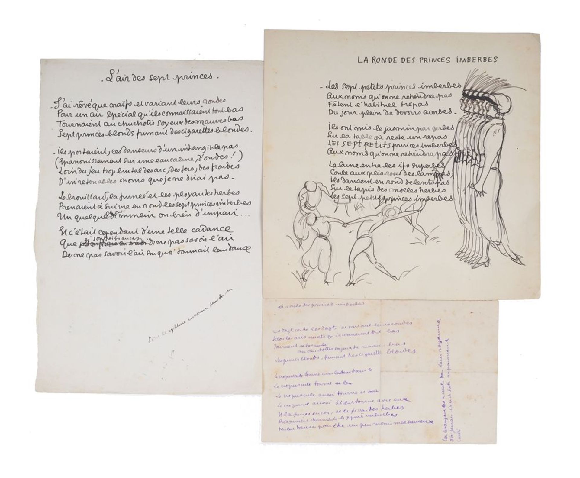 JEAN COCTEAU (1889-1963) - AUTOGRAPH POEMS one of them illustrated. 3 autograph [...]