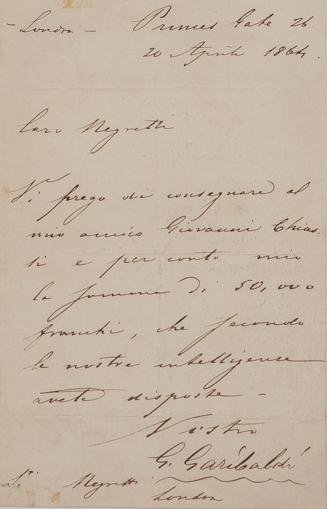 GIUSEPPE GARIBALDI (1807-1882) - Signed autograph letter to Enrico Negretti, in [...]