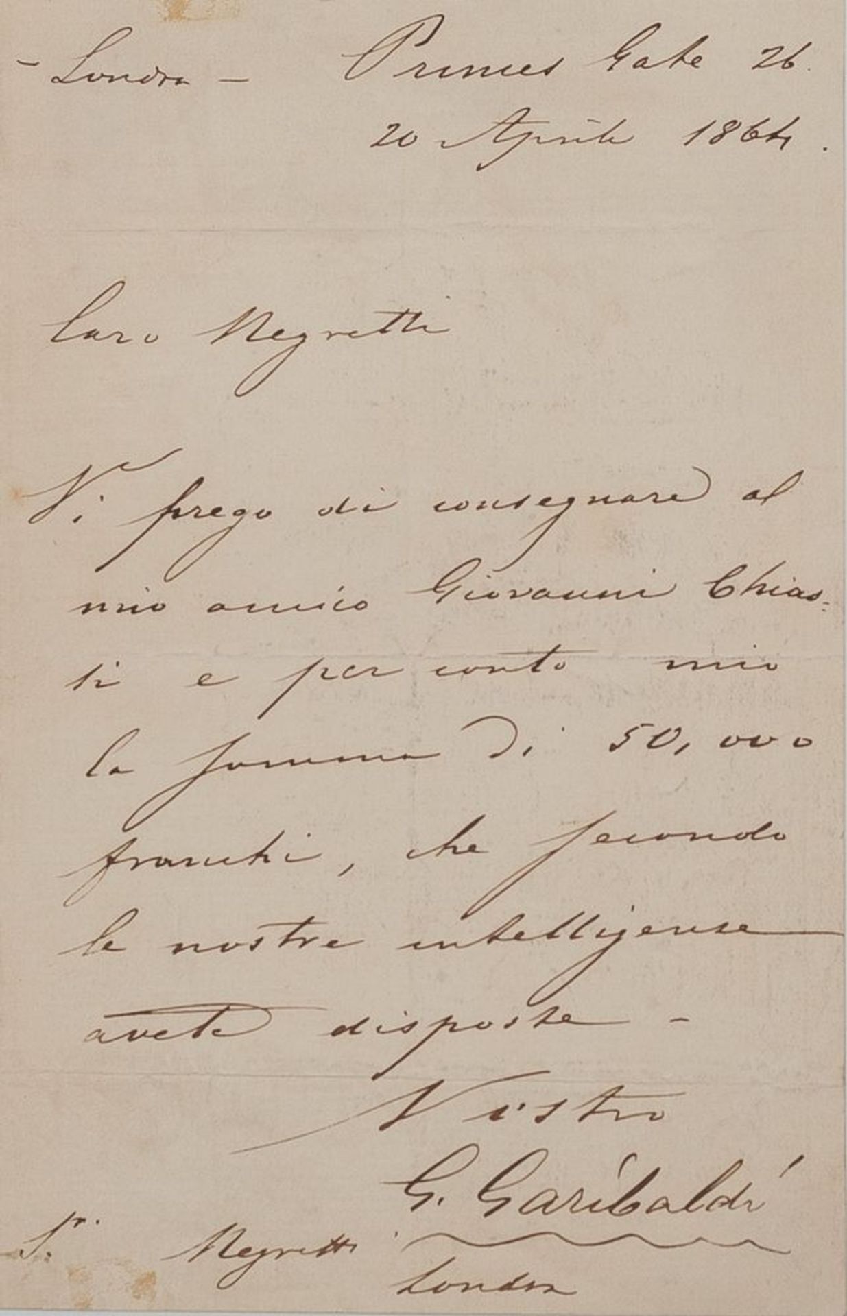 GIUSEPPE GARIBALDI (1807-1882) - Signed autograph letter to Enrico Negretti, in [...]