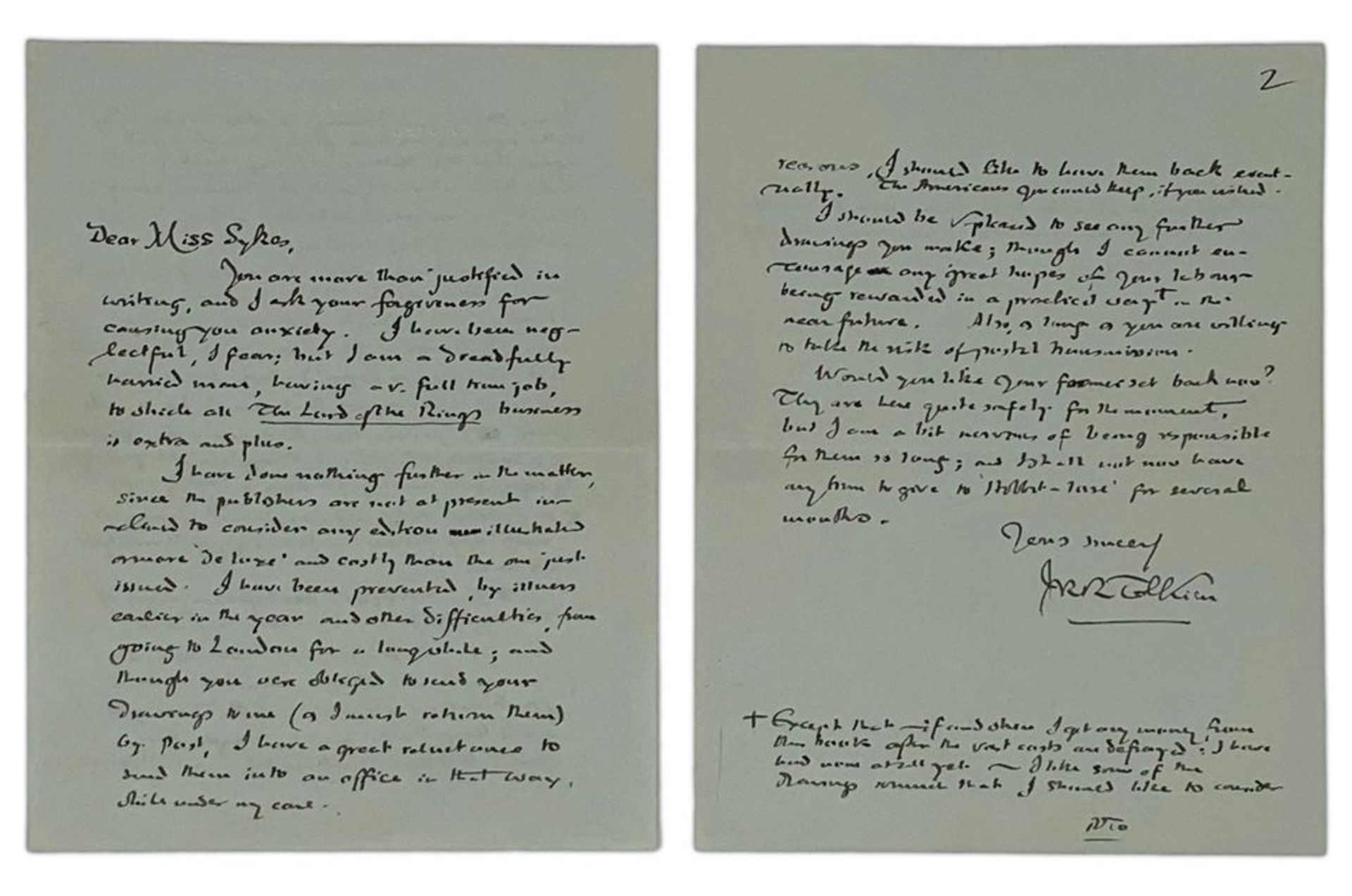 J.R.R. TOLKIEN (1892-1973) - Signed autograph letter to illustrator Miss Sykes. [...]