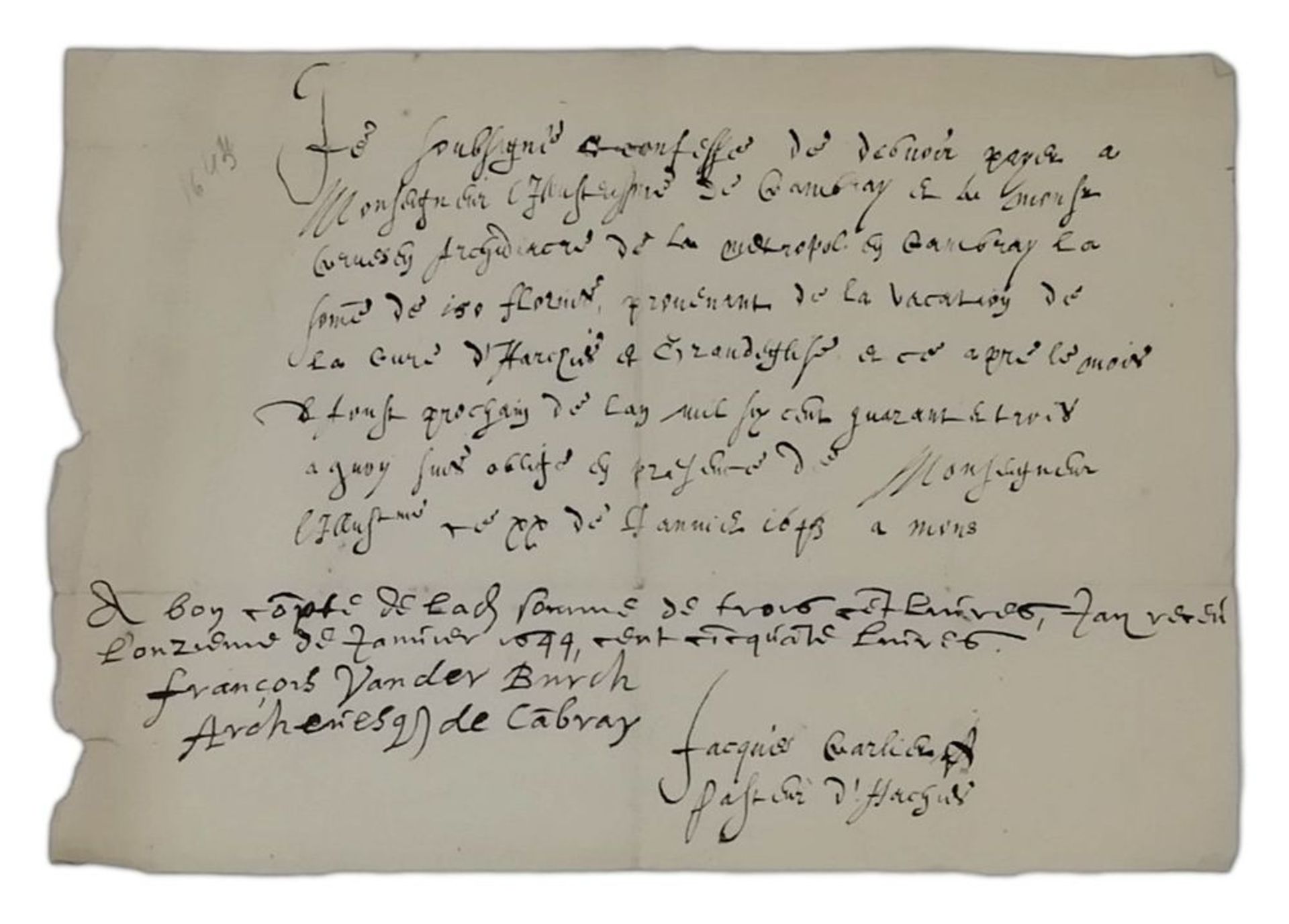 FRANÇOIS VAN DER BURCH (1567-1644) - Autograph letter signed 23 x 16 cm 1pp Founder [...]