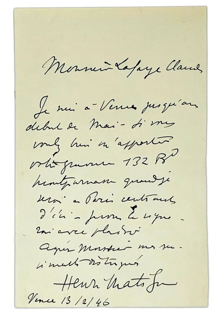 HENRI MATISSE (1869-1954) - Autograph letter signed “Henri Matisse”. To a [...]