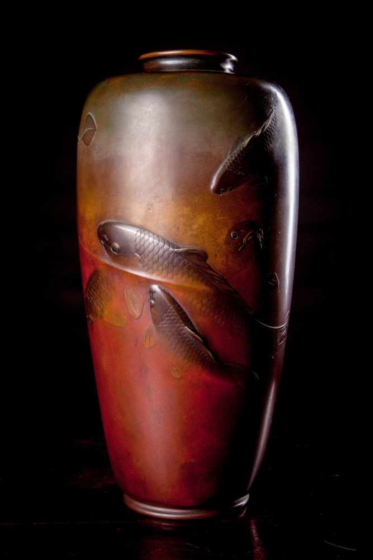 A Tall Japanese Bronze Vase Molded with Carp