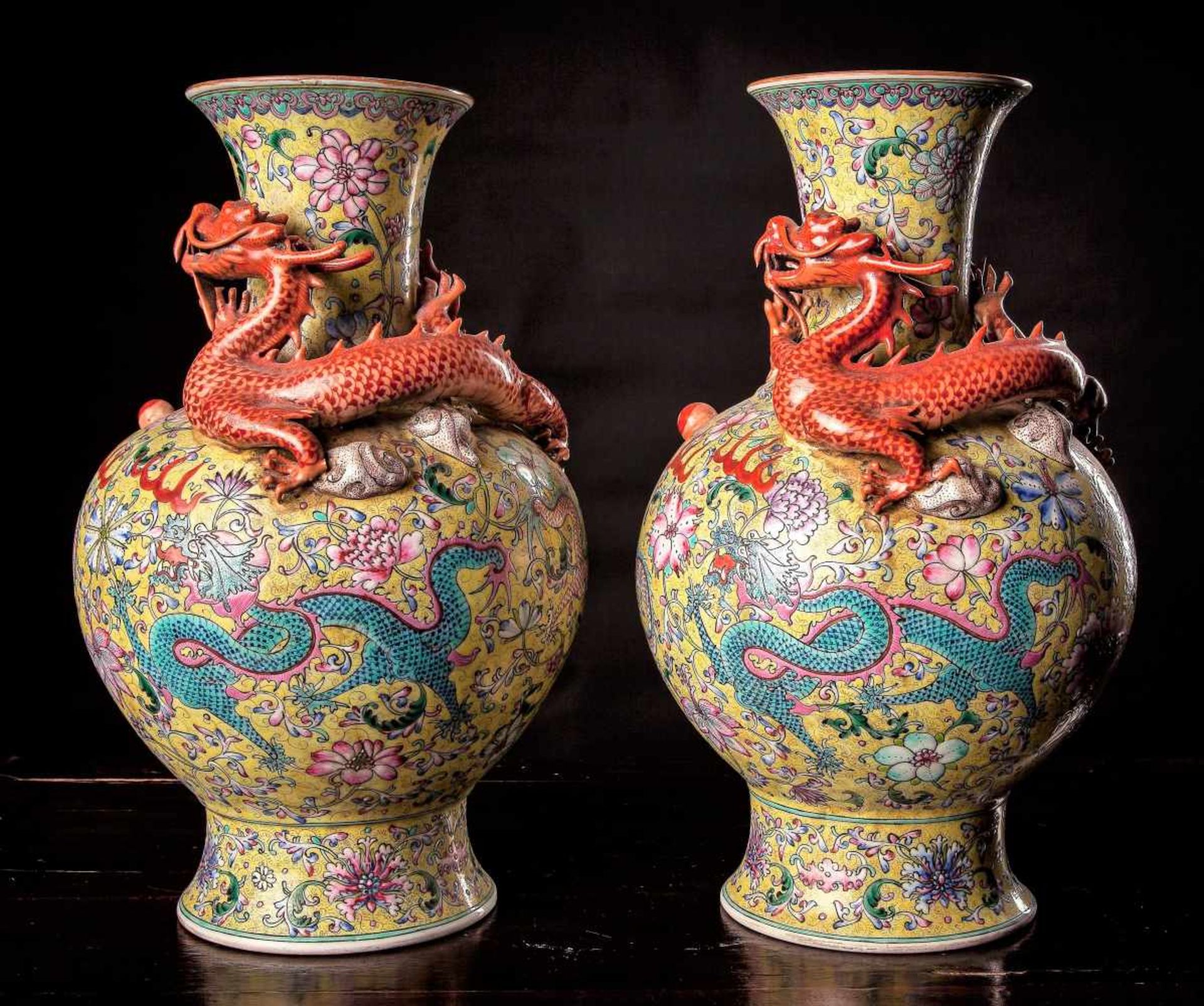 A Pair of Yellow Ground Dragon Vases