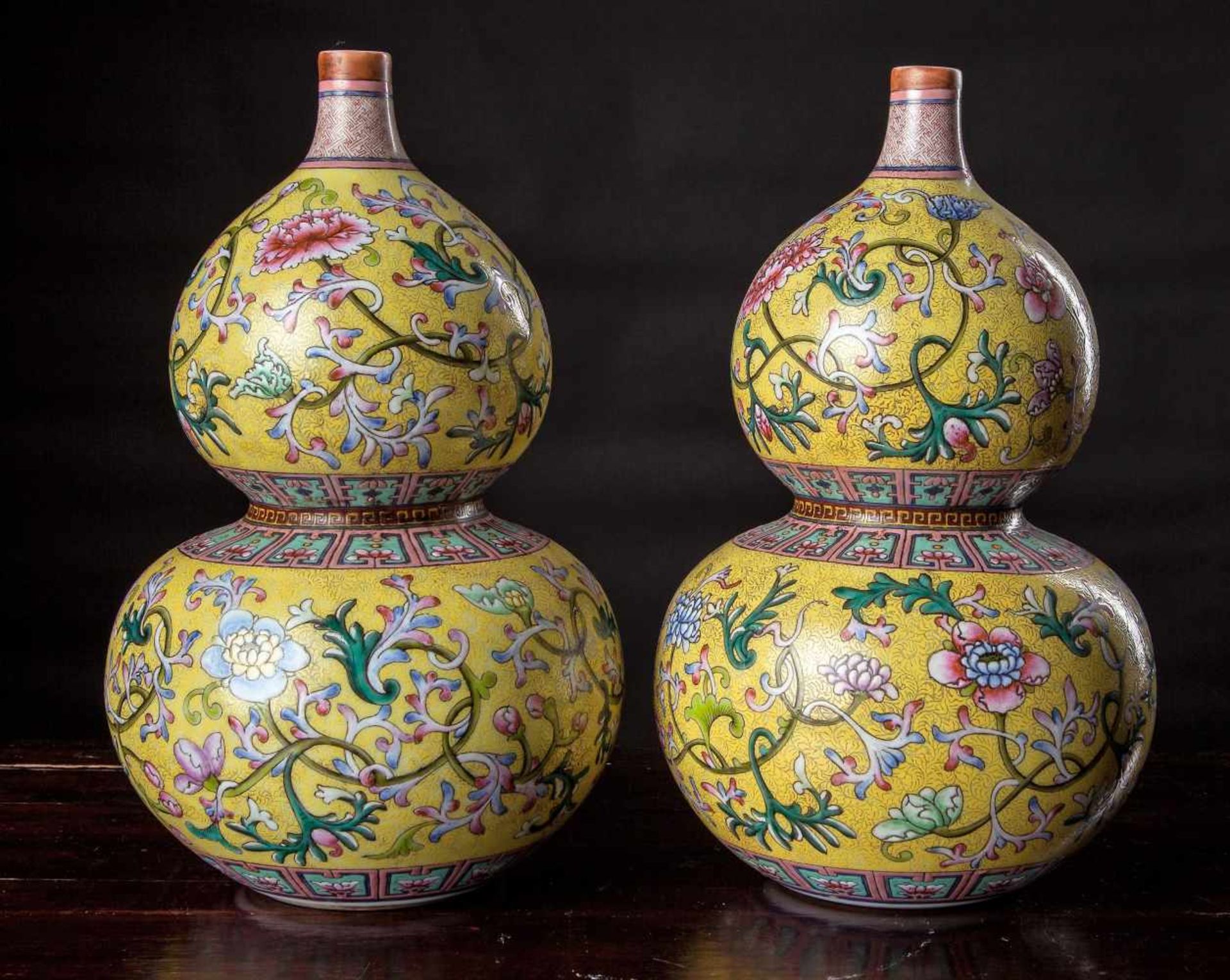 A Pair of Yellow-Ground Famille Rose Double Gourd Vases