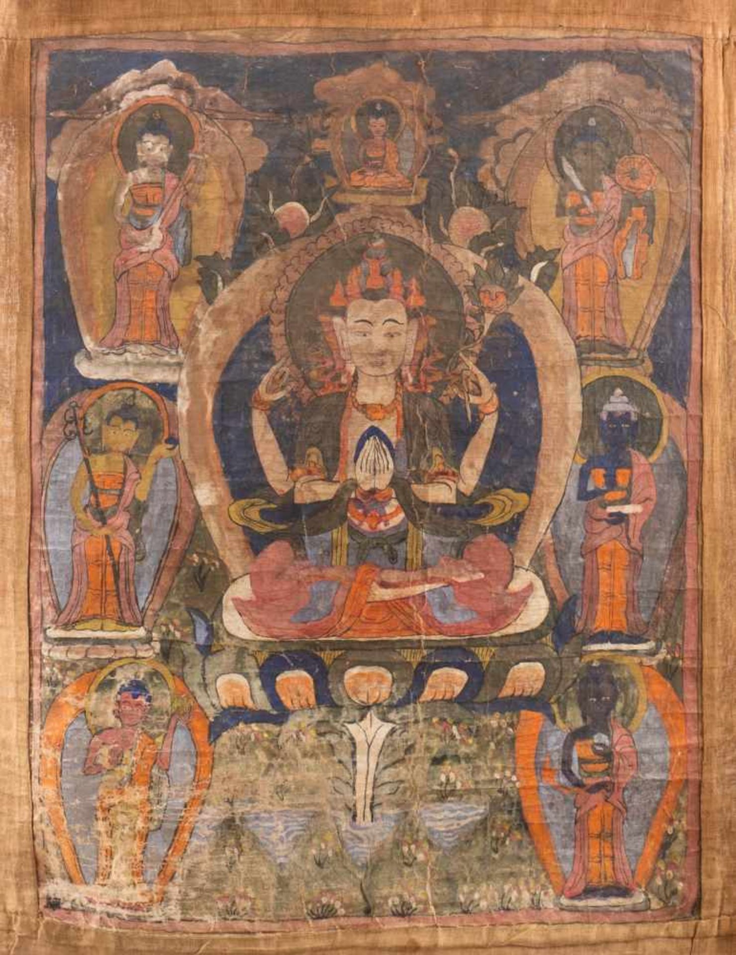 ASIATIKATHANKA MIT DARSTELLUNG DES SCHUTZPATRONES TIBETS (TSCHENRESI-AVALOKITESCHVARA) Tibet, 19.