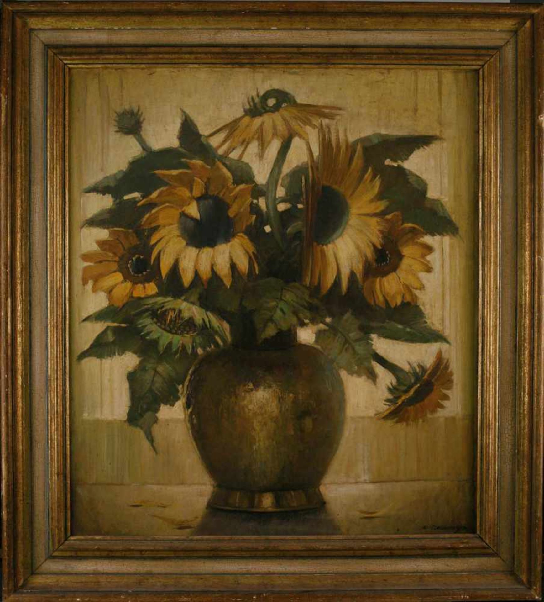 GEMÄLDEStillleben mit Sonnenblumen Öl auf Holz. 79,5 x 69 cm. Unten rechts bezeichnet 'K. - Image 2 of 2