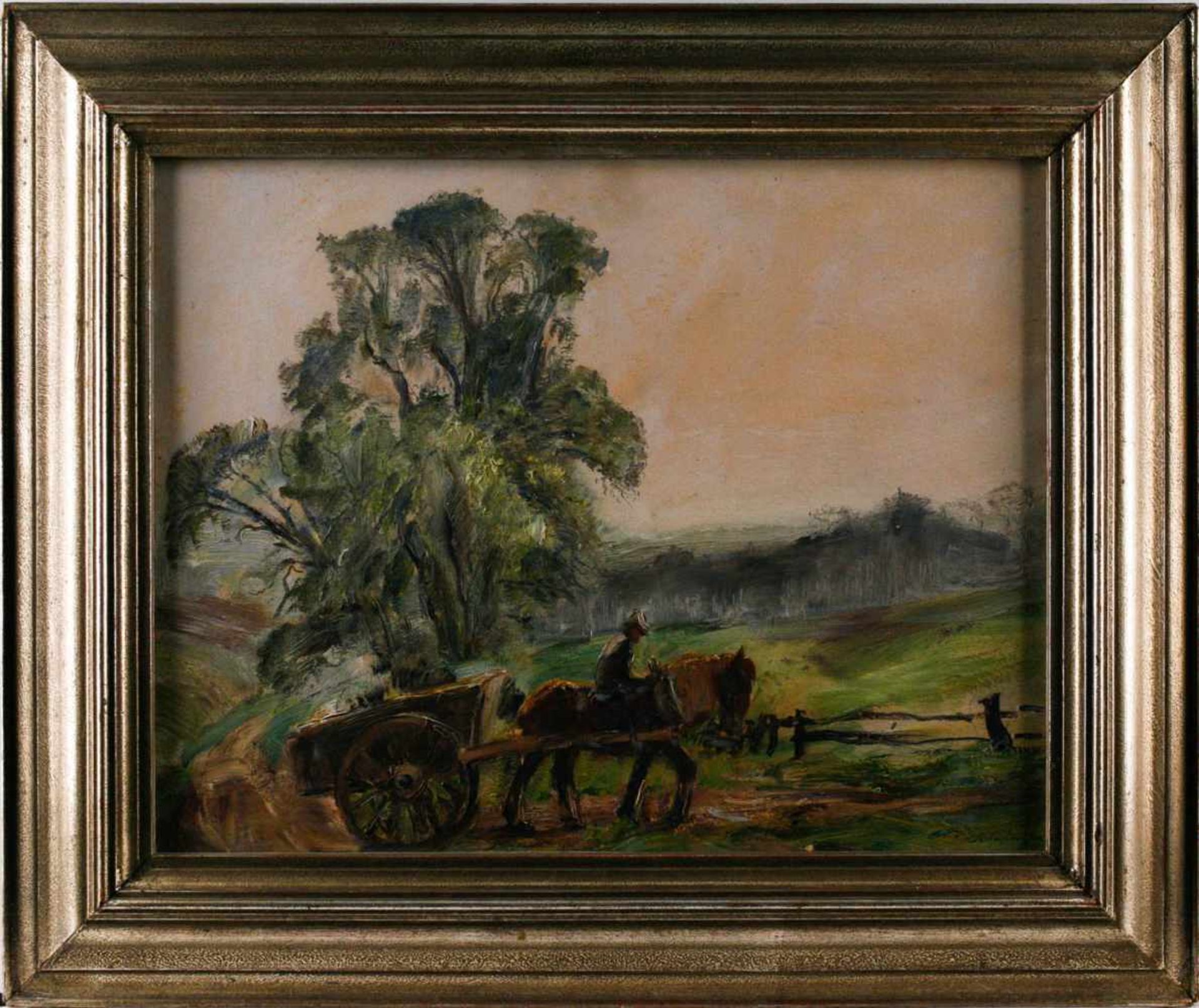 GEMÄLDEBauer mit Pferdefuhrwerk vor den Feldern Öl auf Papier. 37 x 46,5 cm. Rechts unten bezeichnet - Image 2 of 2