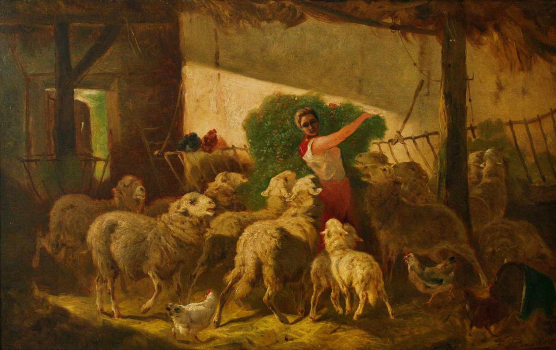 GEMÄLDEJunge Frau mit Schafen in der Scheune Öl auf Leinwand. 50 x 81 cm. Unten rechts schwer