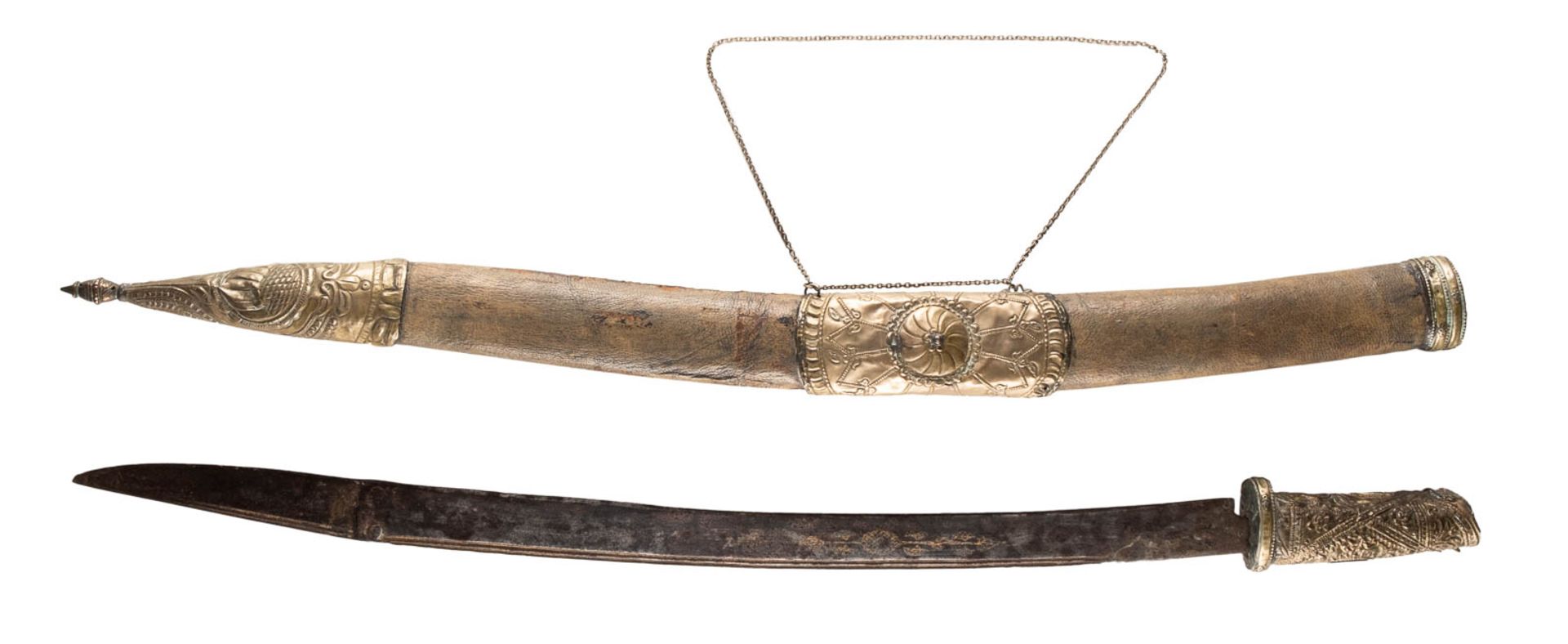 SÄBEL Südostasien, um 1900 Metall, Leder. L. ca. 81 cm. Min. besch., altersgemäße