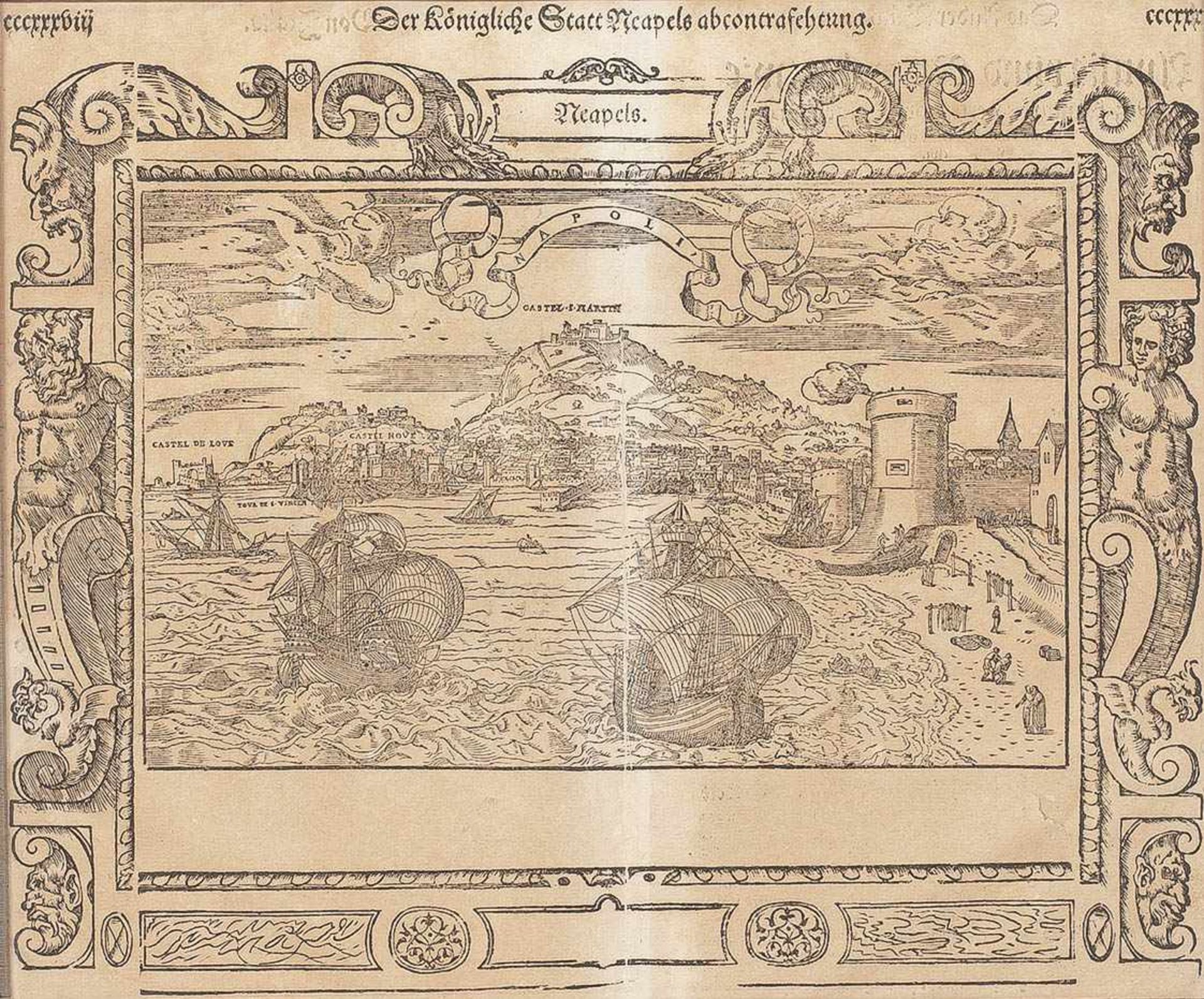 GRAFIKAltes Buchblatt mit Stadtdarstellung von Neapel 1. Hälfte 17. Jhdt. Holzschnitt auf Papier.