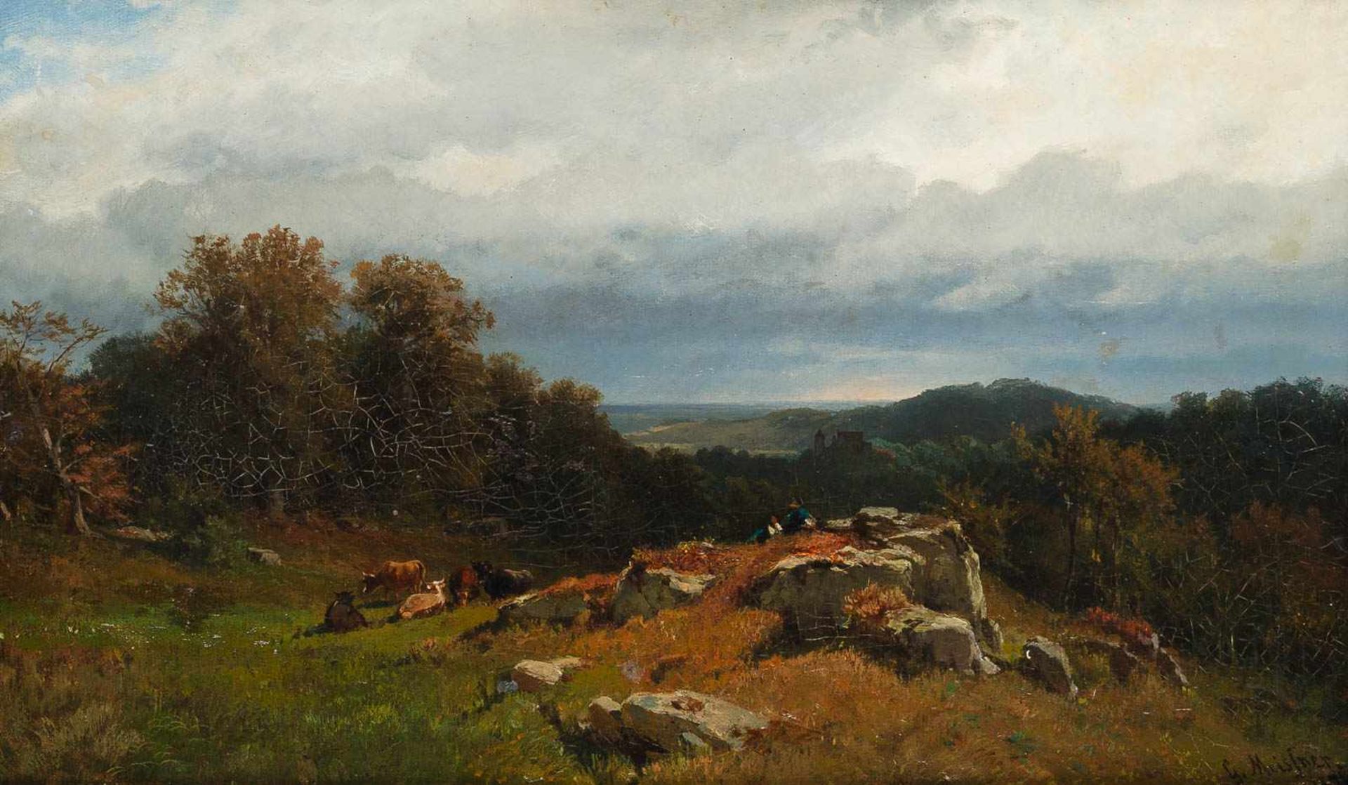GEMÄLDEKuhhirten mit Herde in bewaldeter Gebirgslandschaft Öl auf Leinwand. 29 x 47 cm. Unten rechts