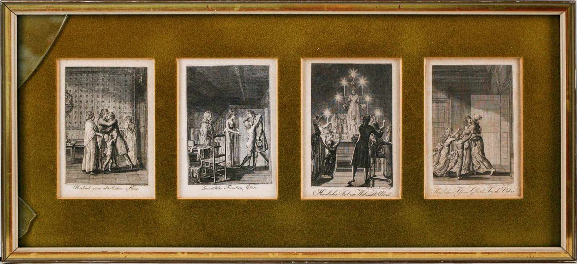 GRAFIKHäusliche Szenen Vier Kupferstiche. Sichtmaß jeweils 12 x 8,5 cm. Jede Grafik betitelt und - Bild 2 aus 2
