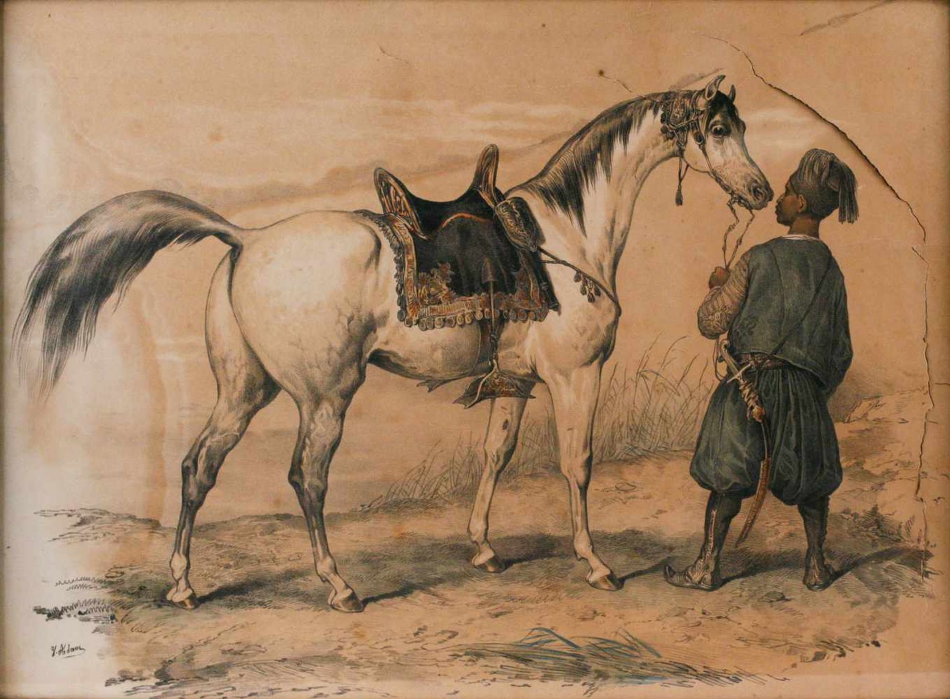 GRAFIKÄgypter mit Pferd Farblithografie auf dünnem Papier. Sichtmaß 42 x 30,5 cm. Unten links schwer