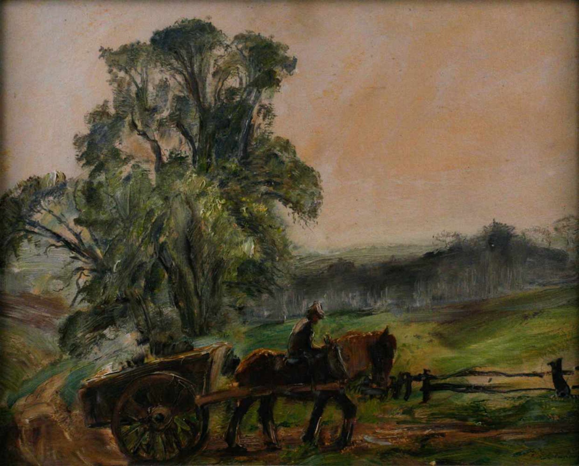 GEMÄLDEBauer mit Pferdefuhrwerk vor den Feldern Öl auf Papier. 37 x 46,5 cm. Rechts unten bezeichnet
