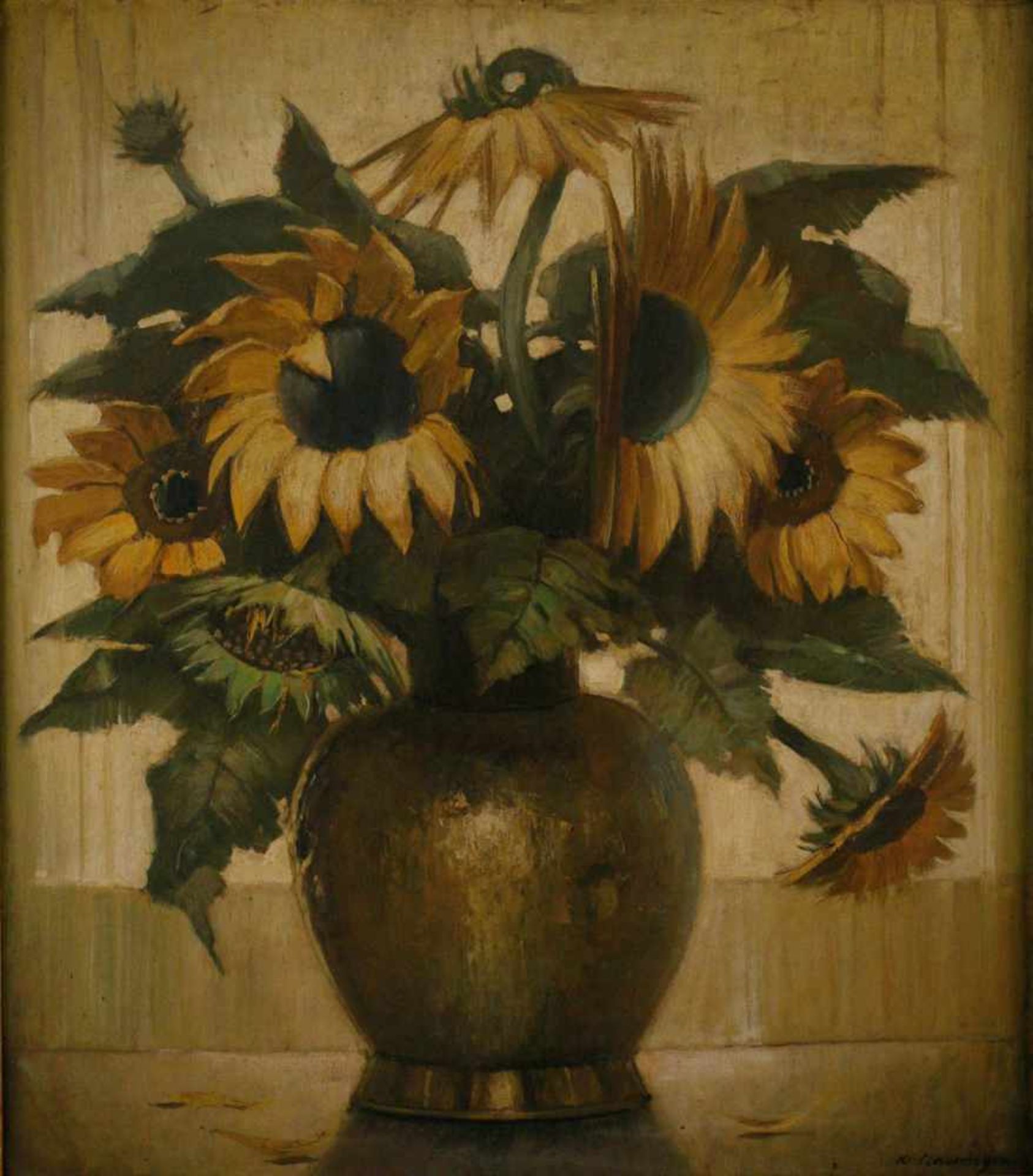 GEMÄLDEStillleben mit Sonnenblumen Öl auf Holz. 79,5 x 69 cm. Unten rechts bezeichnet 'K.