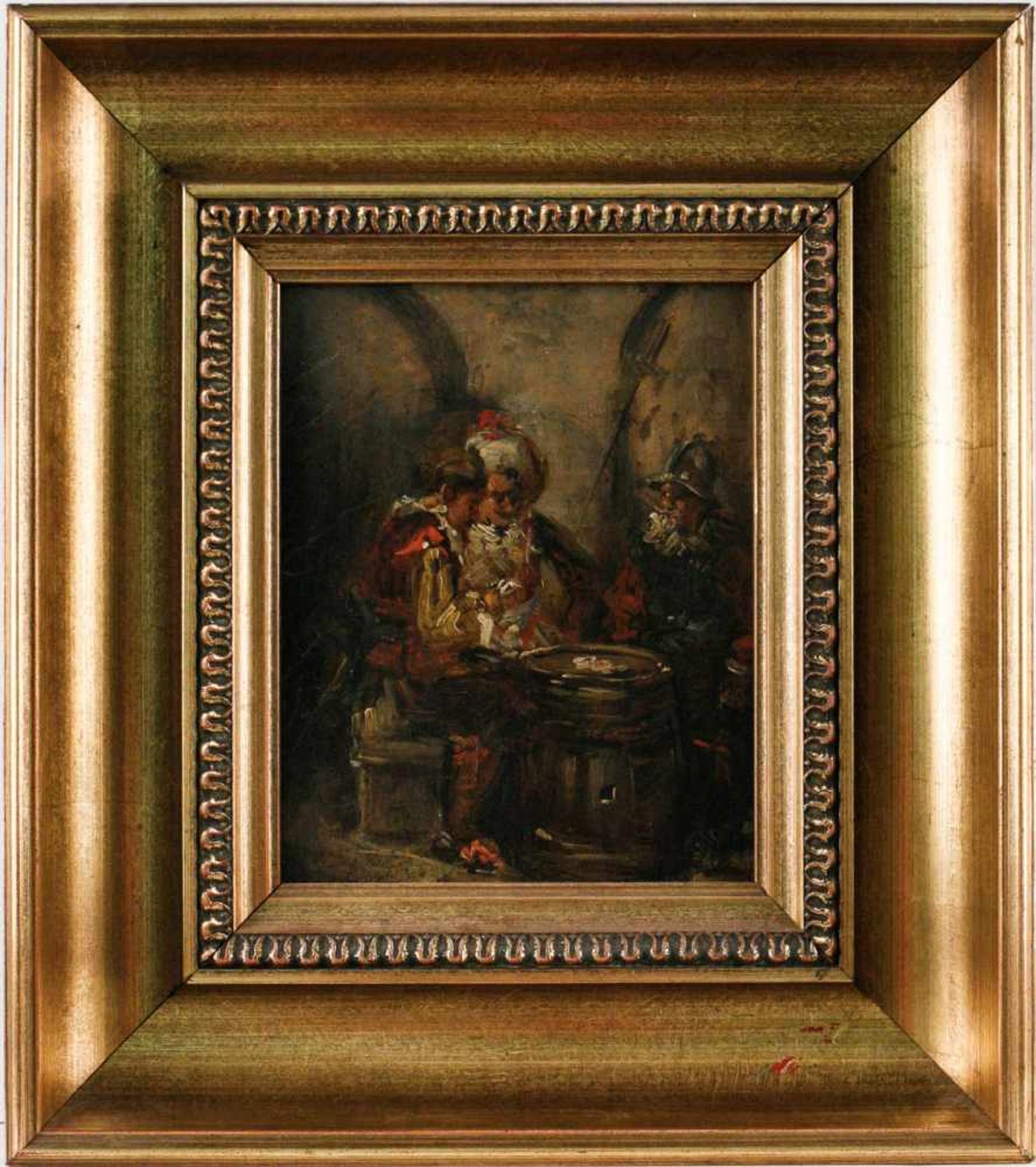 GEMÄLDEDie Kartenspieler Öl auf Holzplatte. 20 x 15 cm. Verso: Etikett 'Gemälde-Etikett K.H. - Image 2 of 2