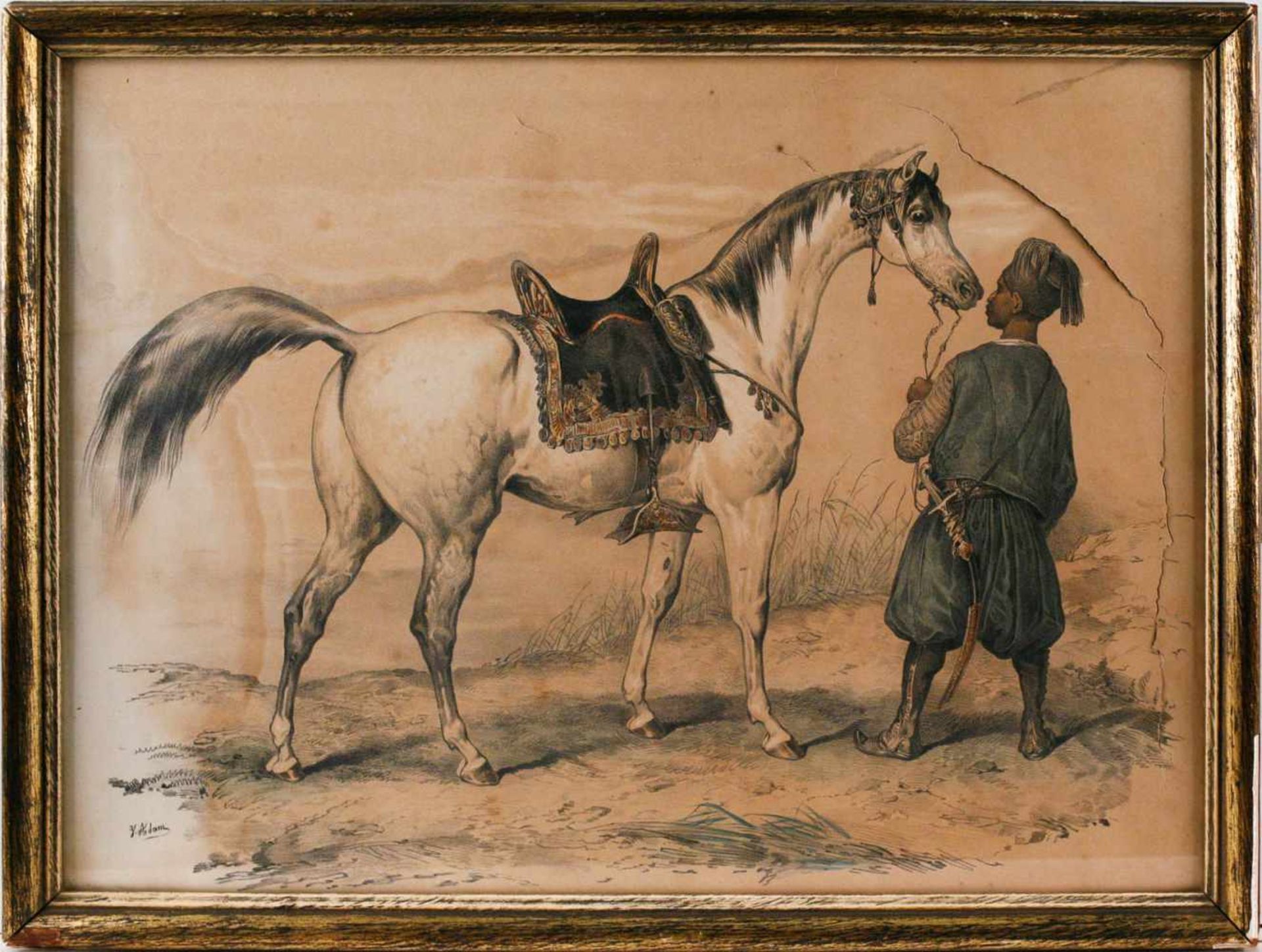 GRAFIKÄgypter mit Pferd Farblithografie auf dünnem Papier. Sichtmaß 42 x 30,5 cm. Unten links schwer - Bild 2 aus 2