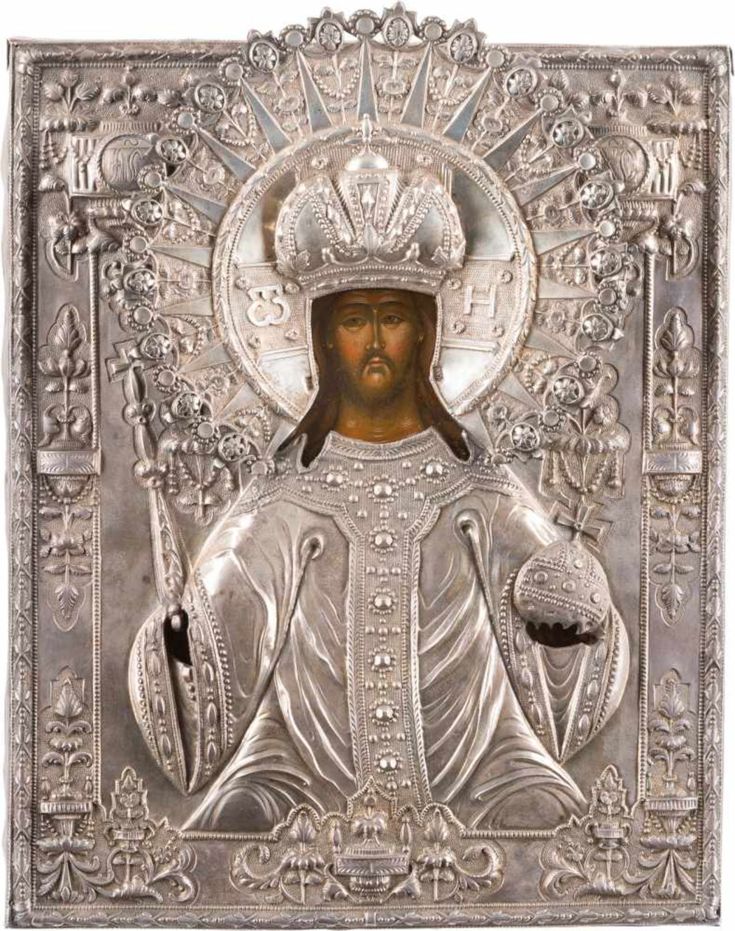 A RARE ICON SHOWING CHRIST THE HIGH PRIEST WITH A SILVER OKLAD