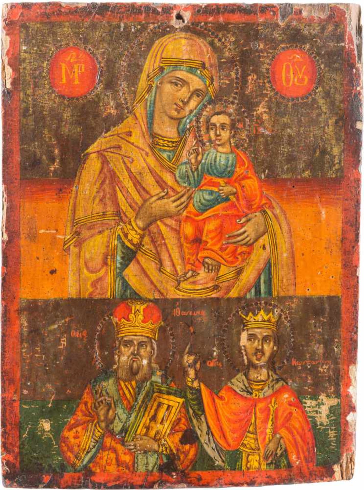 A TWO-PARTITE ICON SHOWING THE MOTHER OF GOD HODIGITRIA AND STS. ATHANASIOS AND