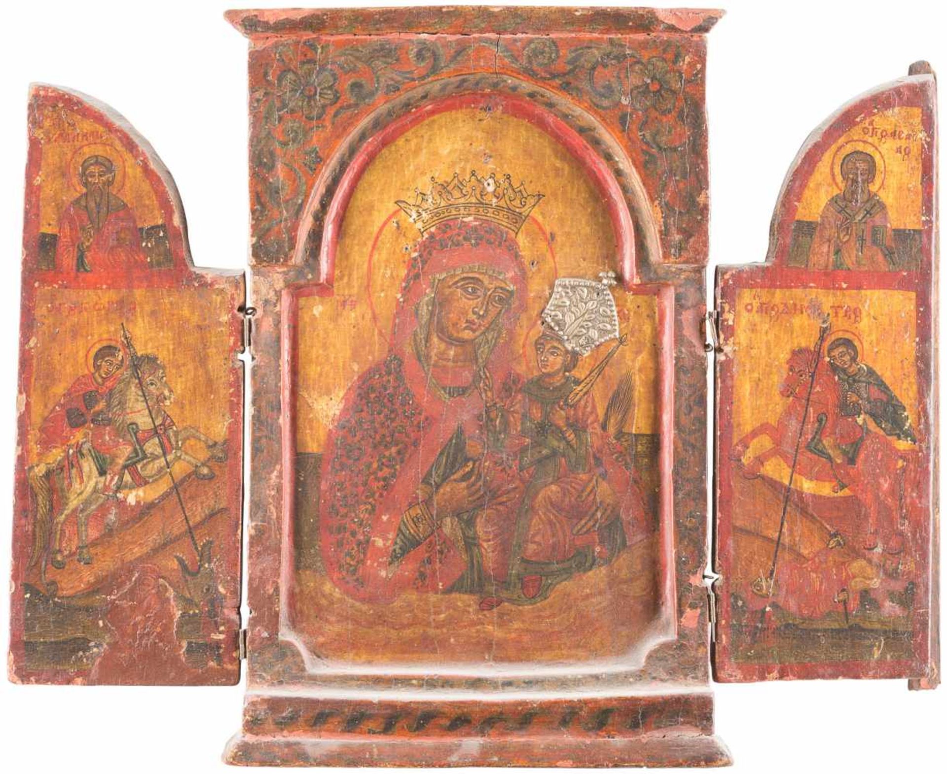 A TRIPTYCH SHOWING THE MOTHER OF GOD AND STS. GEORGE KILLING THE DRAGON AND DIMITRY AND AN - Bild 2 aus 3
