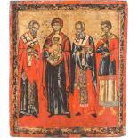 AN ICON SHOWING THE MOTHER OF GOD AND STS. NICHOLAS, ATHANASIOS AND DIMITRY