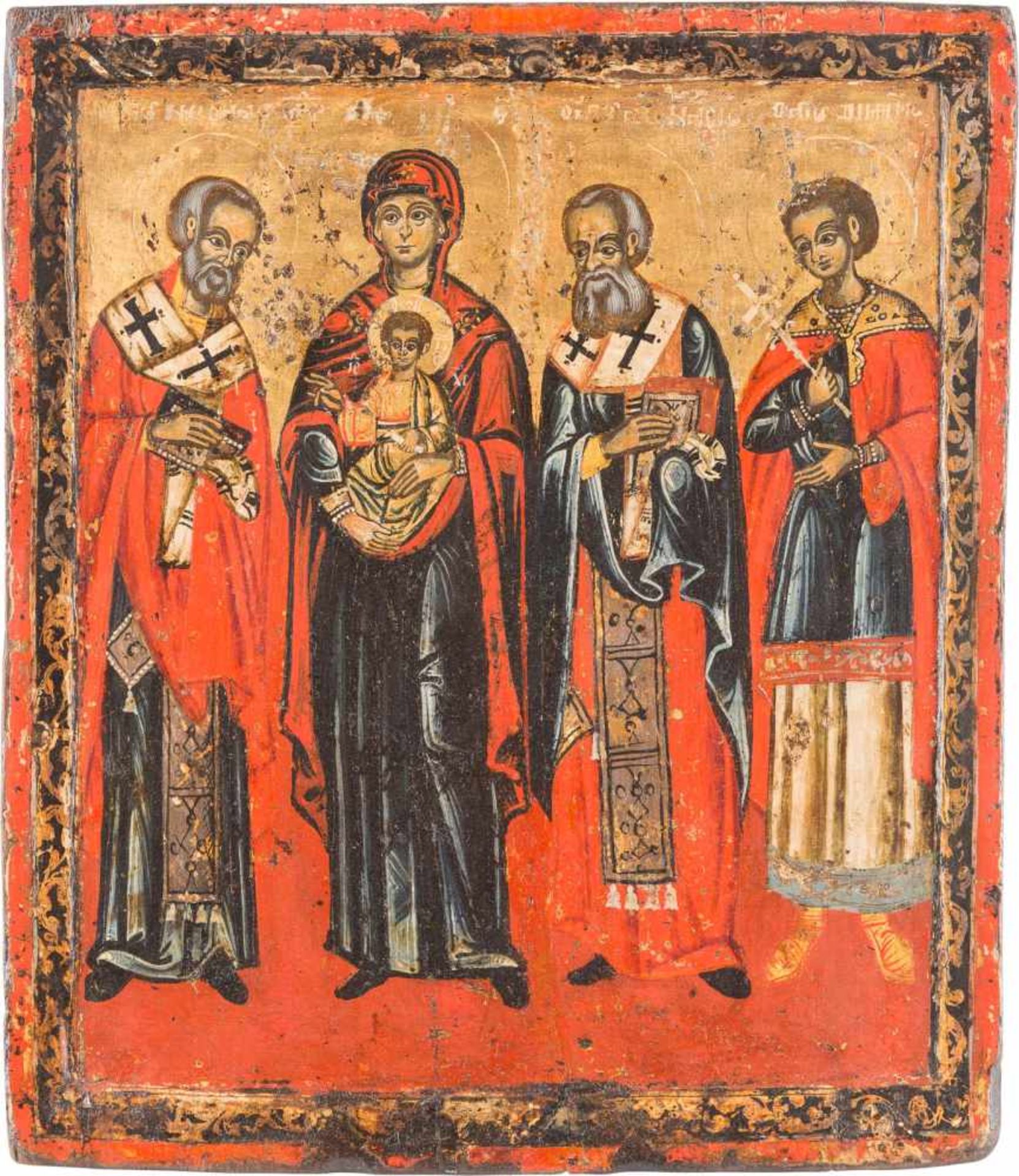 AN ICON SHOWING THE MOTHER OF GOD AND STS. NICHOLAS, ATHANASIOS AND DIMITRY