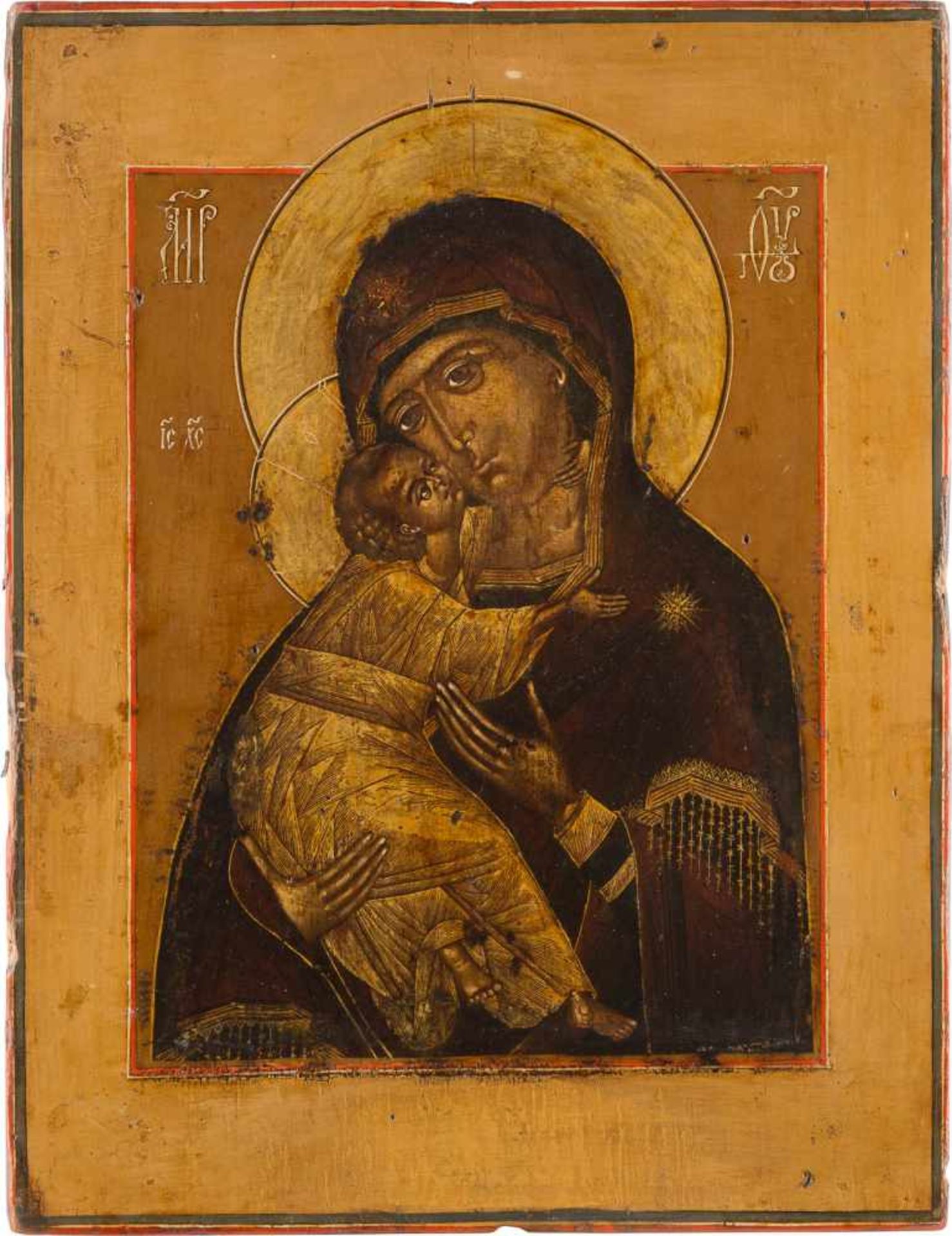 A FINE ICON SHOWING THE VLADIMIRSKAYA MOTHER OF GOD