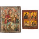 TWO LARGE ICONS: AN ICON SHOWING THE HODIGITRIA MOTHER OF GOD WITH SELECTED SAINTS AND A