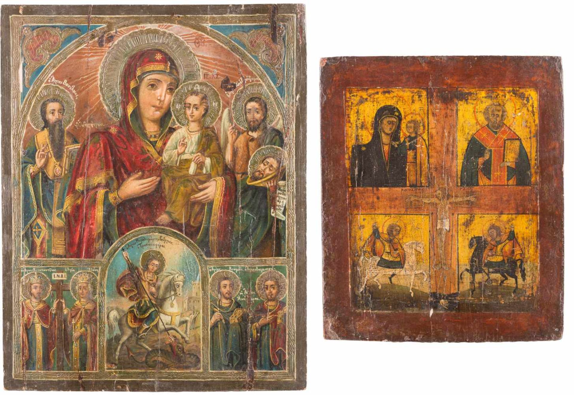 TWO LARGE ICONS: AN ICON SHOWING THE HODIGITRIA MOTHER OF GOD WITH SELECTED SAINTS AND A