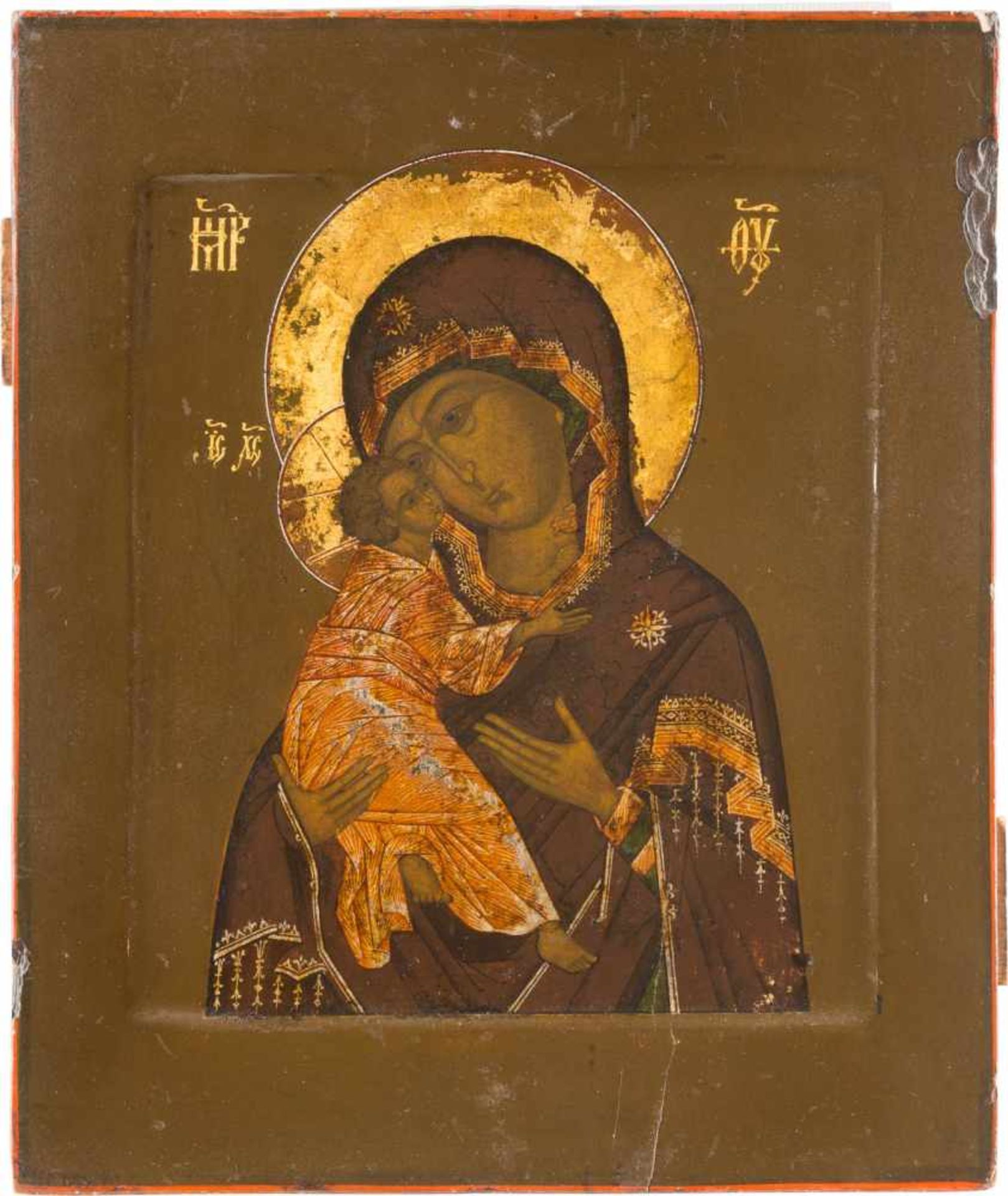 A FINELY PAINTED ICON SHOWING THE VLADIMIRSKAYA MOTHER OF GOD
