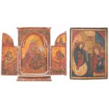 A TRIPTYCH SHOWING THE MOTHER OF GOD AND STS. GEORGE KILLING THE DRAGON AND DIMITRY AND AN