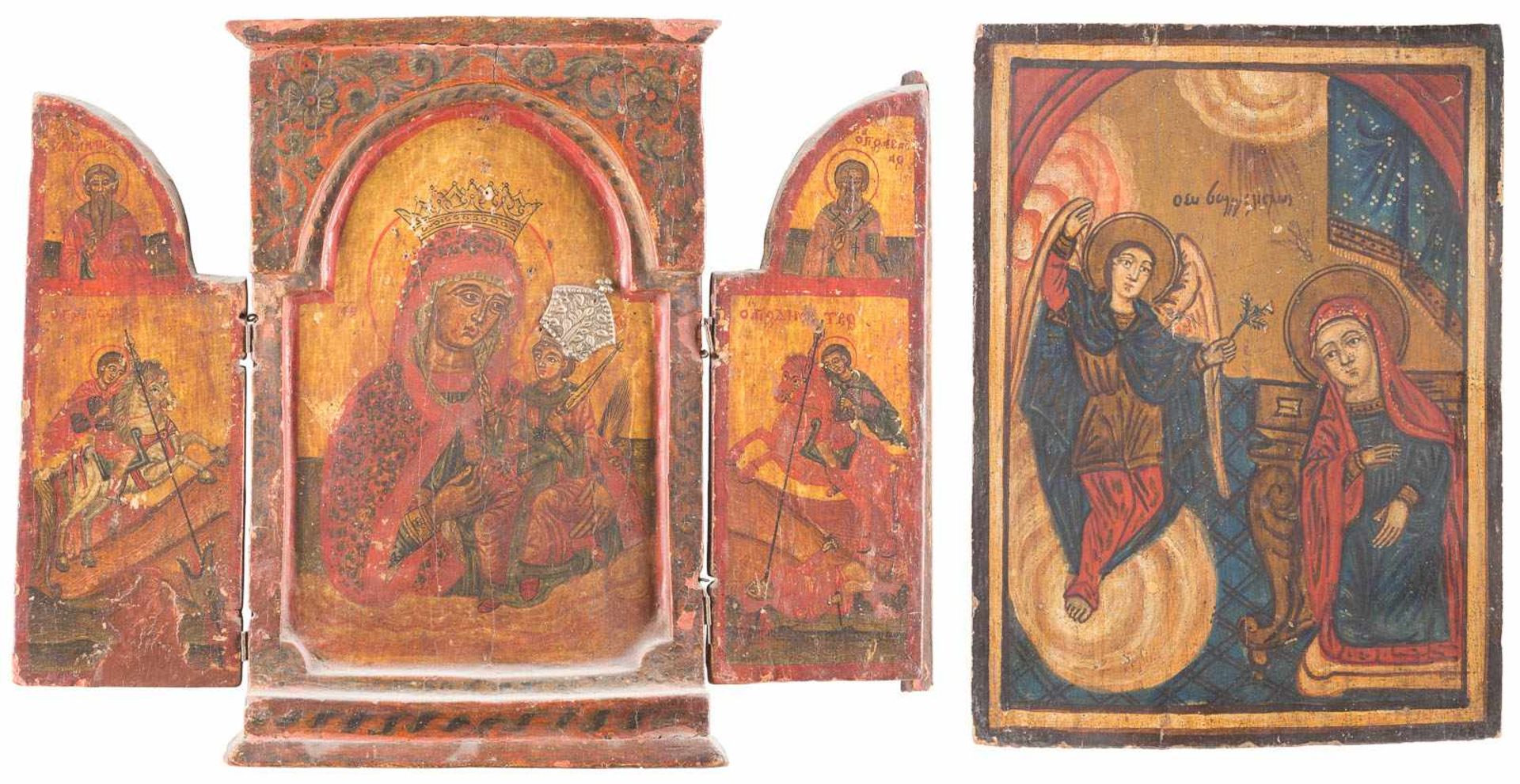 A TRIPTYCH SHOWING THE MOTHER OF GOD AND STS. GEORGE KILLING THE DRAGON AND DIMITRY AND AN