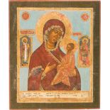 A LARGE ICON SHOWING THE TIKHVINSKAYA MOTHER OF GOD AND STS. NICHOLAS OF MYRA AND GEORGE