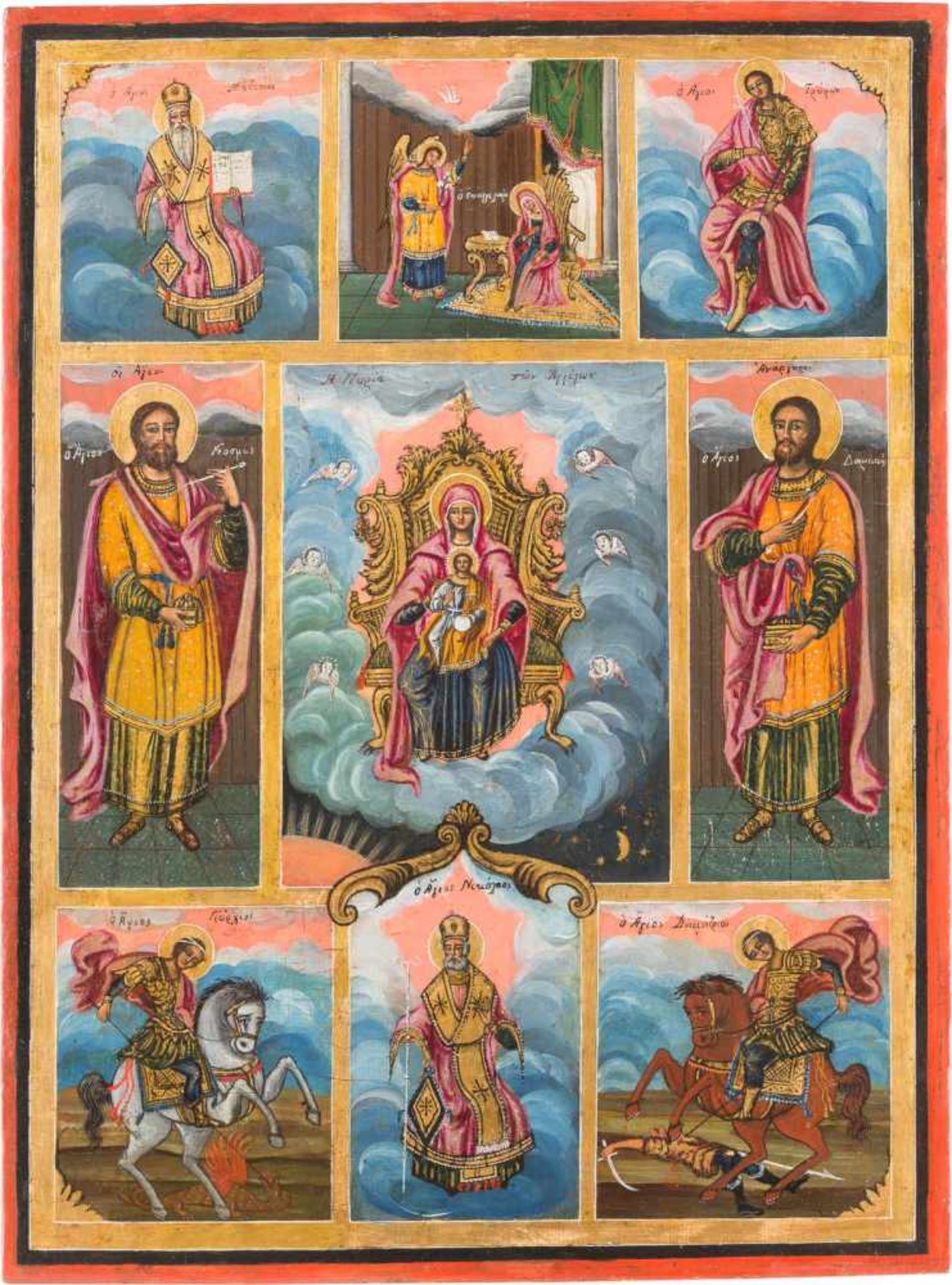 A LARGE MULTI-PARTITE ICON SHOWING THE ENTHRONED MOTHER OF GOD AND SELECTED SAINTS