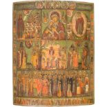 A MONUMENTAL MULTI-PARTITE ICON SHOWING IMAGES OF THE MOTHER OF GOD AND SELECTED SAINTS